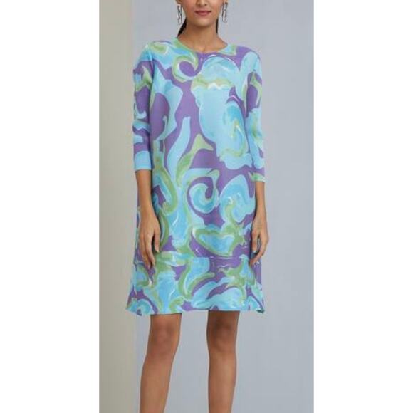 Scarlet Sage Shelly Marbled Dress Blue Purple Green Polyester Pleated 0/S Artsy - Picture 1 of 14